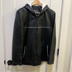 EU Black Leather Hooded Jacket with White Trim